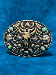 Fashionwest 451 Skull And Stones Oval Buckle Turquoise front view. If you need any assistance with this item or the purchase of this item please call us at five six one seven four eight eight eight zero one Monday through Saturday 10:00a.m EST to 8:00 p.m EST