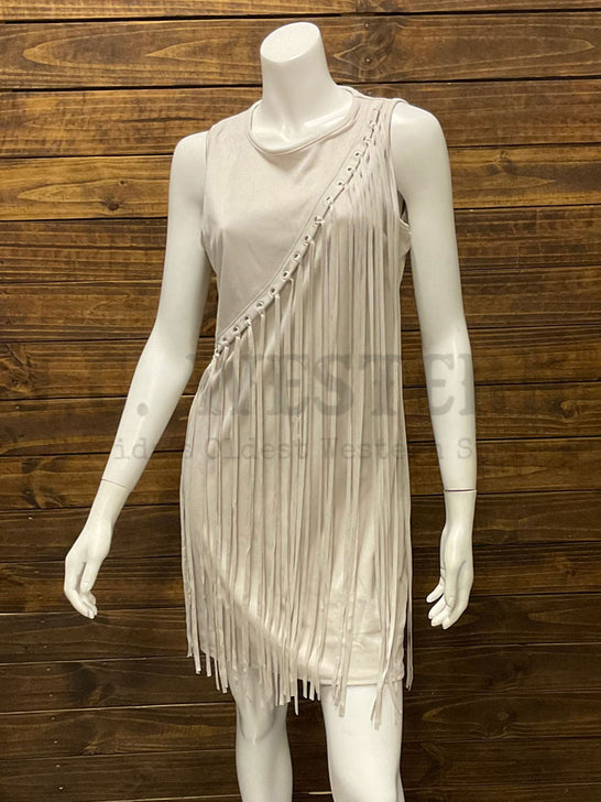 Rock & Roll Denim BWD0R03263 Womens Asymmetrical Fringe Dress Natural front view. If you need any assistance with this item or the purchase of this item please call us at five six one seven four eight eight eight zero one Monday through Saturday 10:00a.m EST to 8:00 p.m EST