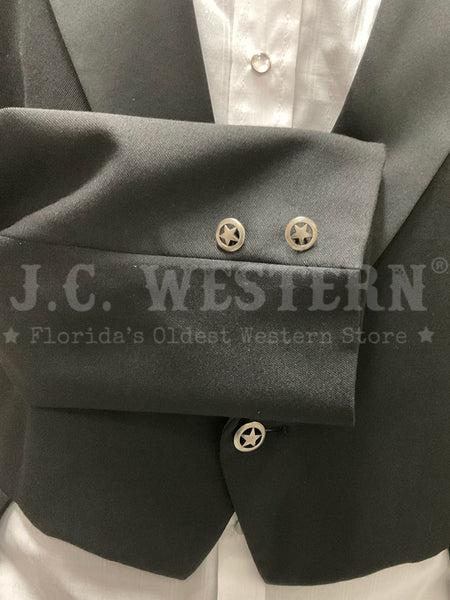 Circle S CC7804 Mens Western Long Tails Tuxedo Coat Black front and cuff close up. If you need any assistance with this item or the purchase of this item please call us at five six one seven four eight eight eight zero one Monday through Saturday 10:00a.m EST to 8:00 p.m EST