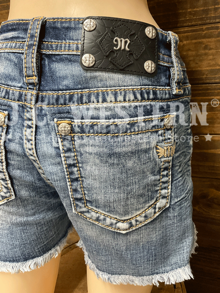 Miss Me M3636H91 Womens Mid-Rise Short Vintage Blue front view. If you need any assistance with this item or the purchase of this item please call us at five six one seven four eight eight eight zero one Monday through Saturday 10:00a.m EST to 8:00 p.m EST
