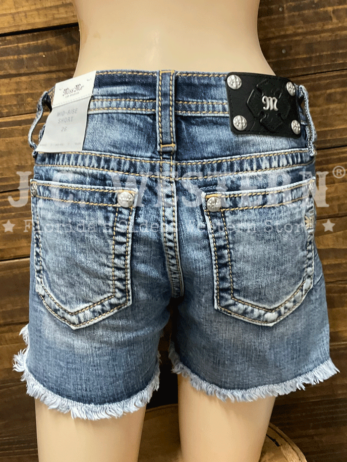 Miss Me M3636H91 Womens Mid-Rise Short Vintage Blue front view. If you need any assistance with this item or the purchase of this item please call us at five six one seven four eight eight eight zero one Monday through Saturday 10:00a.m EST to 8:00 p.m EST