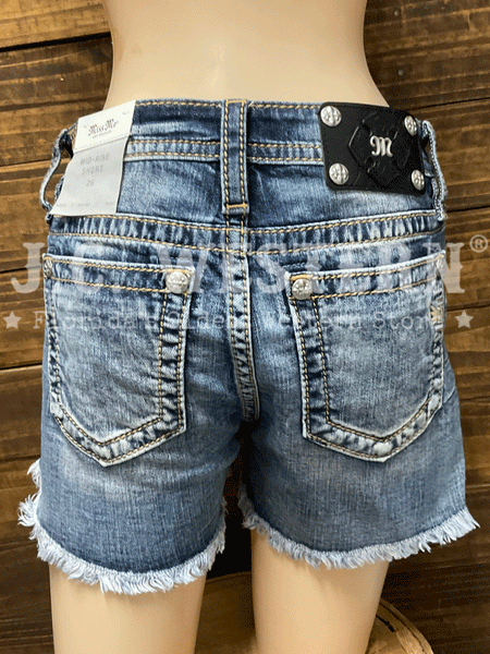 Miss Me M3636H91 Womens Mid-Rise Short Vintage Blue back view. If you need any assistance with this item or the purchase of this item please call us at five six one seven four eight eight eight zero one Monday through Saturday 10:00a.m EST to 8:00 p.m EST