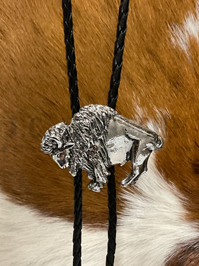 Fashionwest 2421 Bison Western Bolo Tie Silver close up. If you need any assistance with this item or the purchase of this item please call us at five six one seven four eight eight eight zero one Monday through Saturday 10:00a.m EST to 8:00 p.m EST