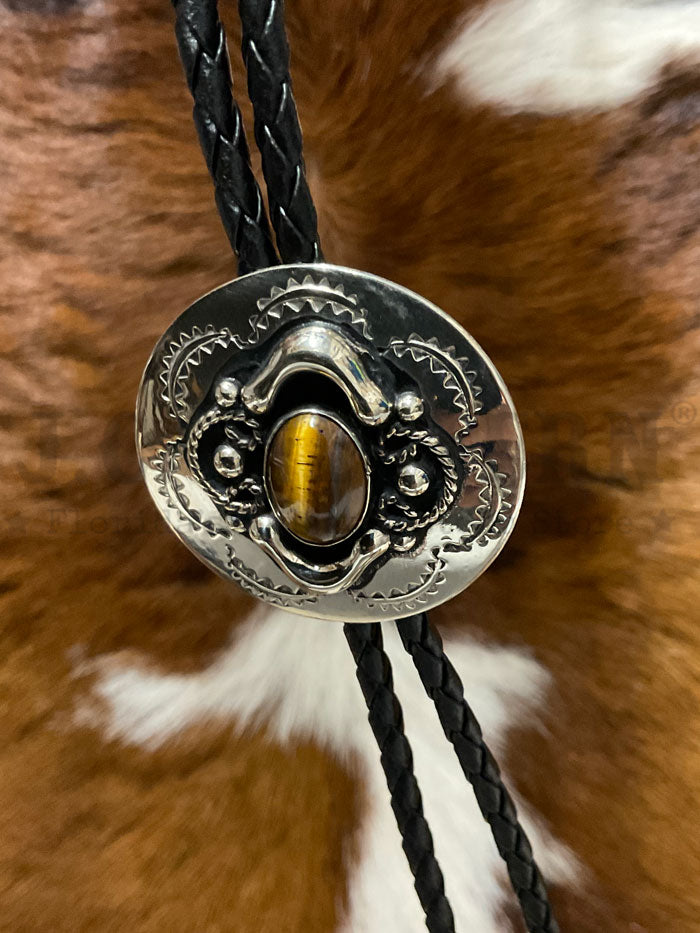 Fashionwest AC68-4 Stone Western Bolo Tie Silver front view. If you need any assistance with this item or the purchase of this item please call us at five six one seven four eight eight eight zero one Monday through Saturday 10:00a.m EST to 8:00 p.m EST