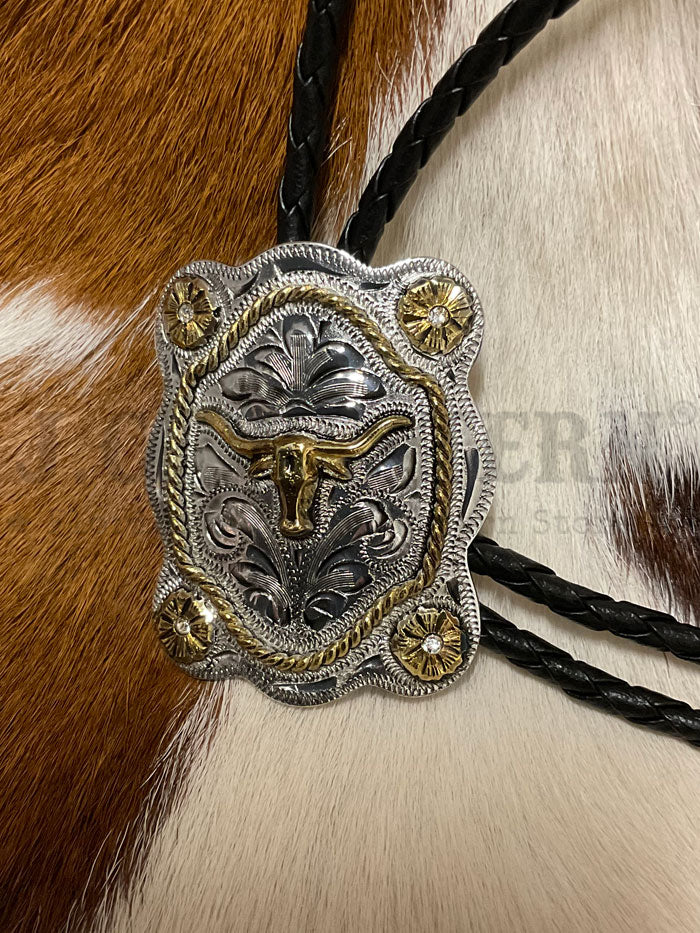Fashionwest AC80P Long Horn Western Bolo Tie Gold And Silver close up. If you need any assistance with this item or the purchase of this item please call us at five six one seven four eight eight eight zero one Monday through Saturday 10:00a.m EST to 8:00 p.m EST