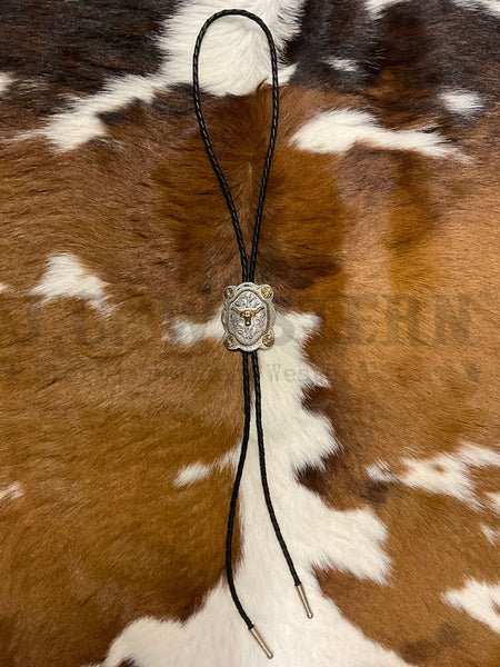 Fashionwest AC80P Long Horn Western Bolo Tie Gold And Silver complete front view. If you need any assistance with this item or the purchase of this item please call us at five six one seven four eight eight eight zero one Monday through Saturday 10:00a.m EST to 8:00 p.m EST