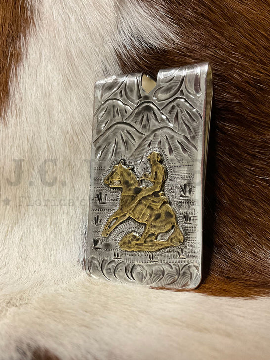Fashionwest MC-01R Rider Western Money Clip Gold And Silver front view. If you need any assistance with this item or the purchase of this item please call us at five six one seven four eight eight eight zero one Monday through Saturday 10:00a.m EST to 8:00 p.m EST