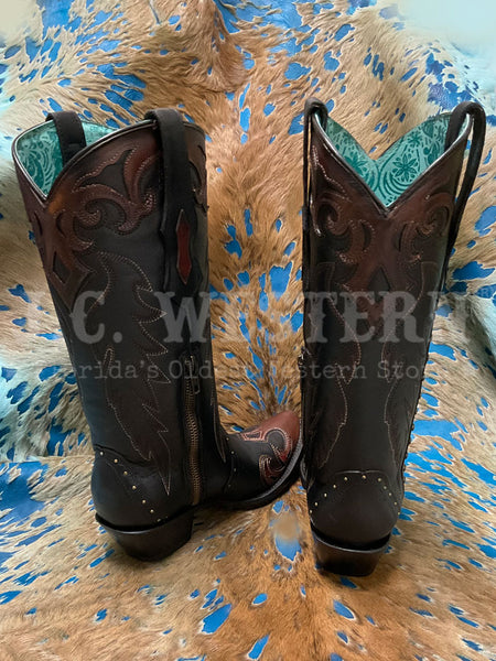 Corral F1352 Ladies Embroidery And Studs Side Zipper Boot Black Cognac back and zipper view. If you need any assistance with this item or the purchase of this item please call us at five six one seven four eight eight eight zero one Monday through Saturday 10:00a.m EST to 8:00 p.m EST