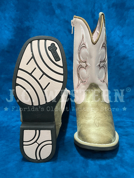 Twister 446003624 Kids POSY Western Boot Light Pink And Tan front and sole view. If you need any assistance with this item or the purchase of this item please call us at five six one seven four eight eight eight zero one Monday through Saturday 10:00a.m EST to 8:00 p.m EST