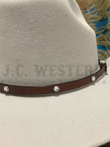 Fashionwest LC48-BRN Leather Rhinestones Hatband Brown front view on hat. If you need any assistance with this item or the purchase of this item please call us at five six one seven four eight eight eight zero one Monday through Saturday 10:00a.m EST to 8:00 p.m EST