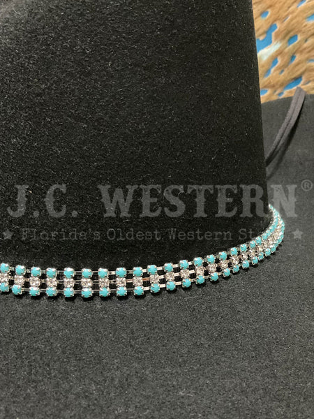 Fashionwest HB61-3T Rhinestones Hatband Turquoise on hat. If you need any assistance with this item or the purchase of this item please call us at five six one seven four eight eight eight zero one Monday through Saturday 10:00a.m EST to 8:00 p.m EST