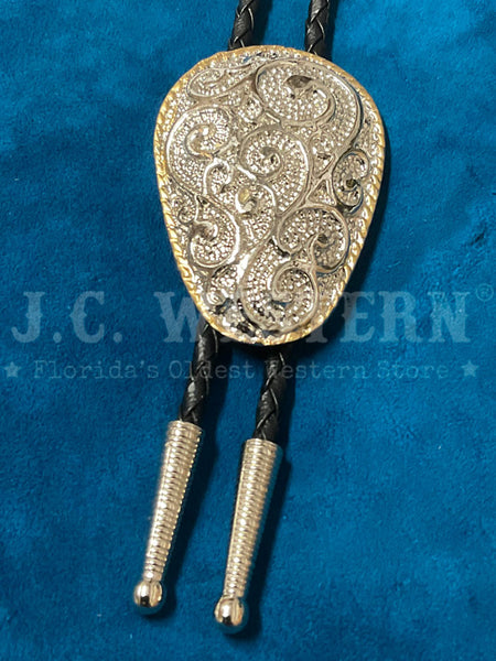 Western Express BT-8912 Scrolled And Trim Bolo Tie Gold And Silver front view. If you need any assistance with this item or the purchase of this item please call us at five six one seven four eight eight eight zero one Monday through Saturday 10:00a.m EST to 8:00 p.m EST