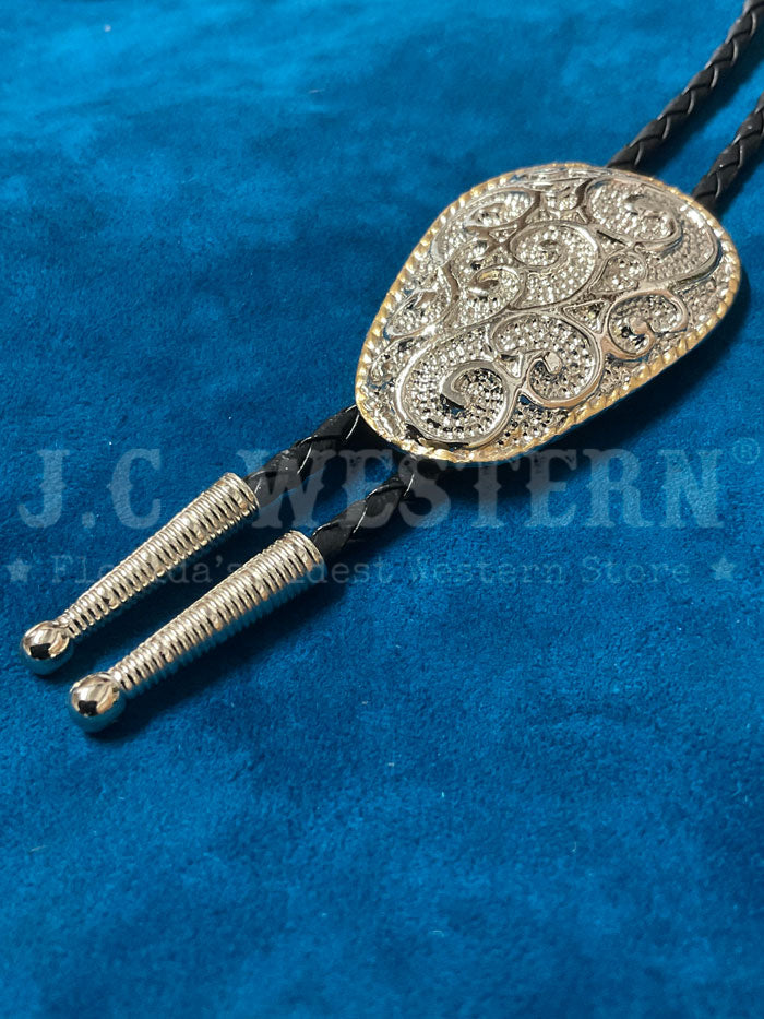 Western Express BT-8912 Scrolled And Trim Bolo Tie Gold And Silver front view. If you need any assistance with this item or the purchase of this item please call us at five six one seven four eight eight eight zero one Monday through Saturday 10:00a.m EST to 8:00 p.m EST