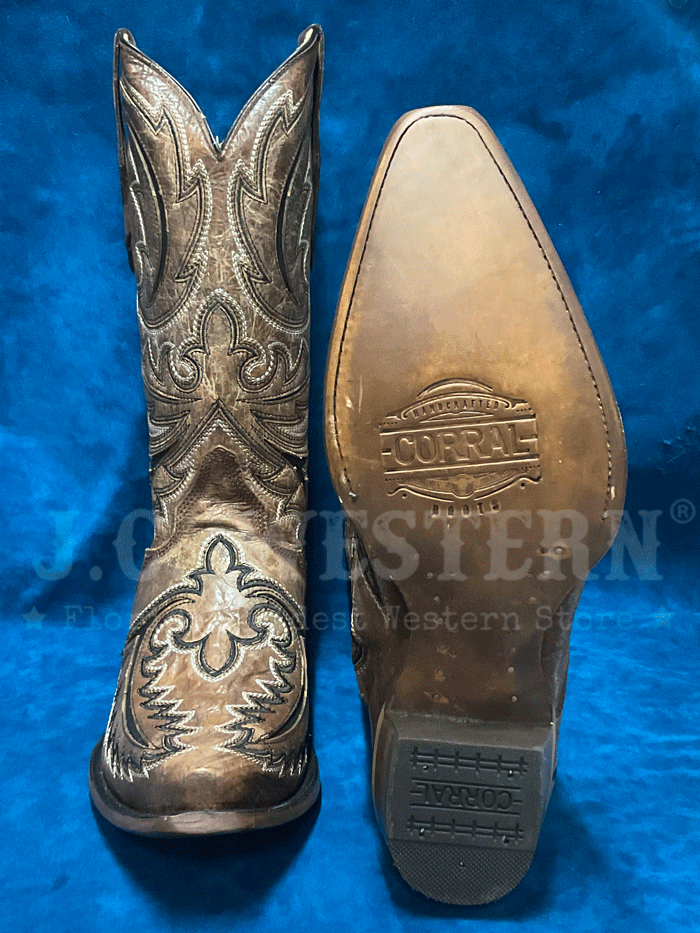 Corral C4075 Mens Inlay Embroidery Triad Western Boots Brown front and side view. If you need any assistance with this item or the purchase of this item please call us at five six one seven four eight eight eight zero one Monday through Saturday 10:00a.m EST to 8:00 p.m EST