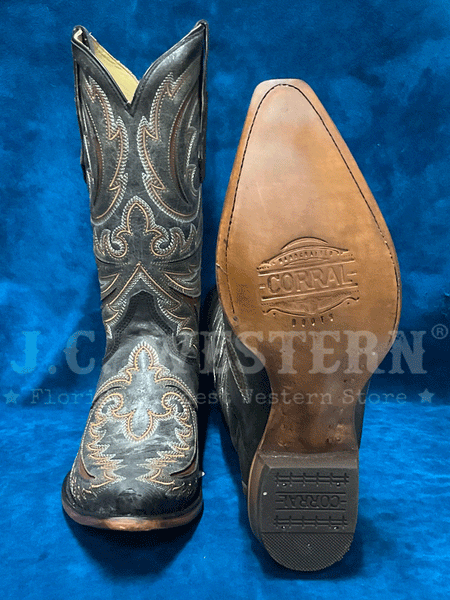 Corral C4076 Mens Inlay Embroidery Triad Western Boots Grey front and sole view. If you need any assistance with this item or the purchase of this item please call us at five six one seven four eight eight eight zero one Monday through Saturday 10:00a.m EST to 8:00 p.m EST