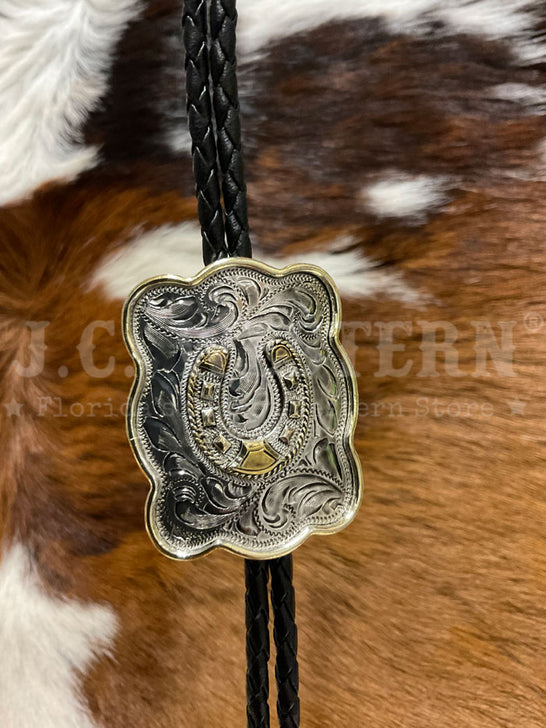 Fashionwest AC80HS Horseshoe Western Bolo Tie Gold And Silver close up. If you need any assistance with this item or the purchase of this item please call us at five six one seven four eight eight eight zero one Monday through Saturday 10:00a.m EST to 8:00 p.m EST