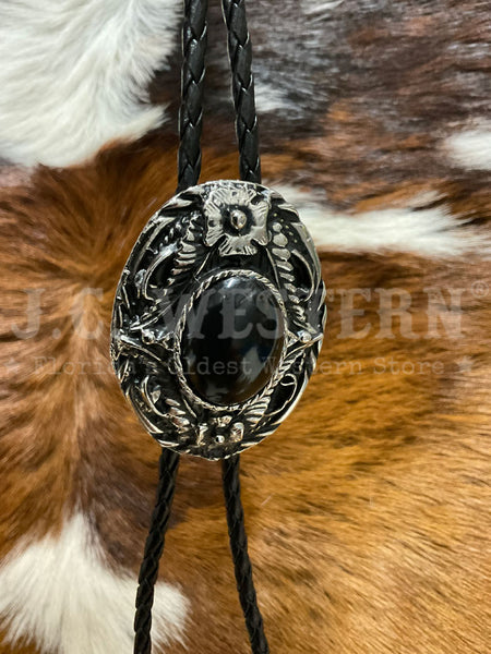 Fashionwest 1138B Small Oval Stone Western Bolo Tie Black  close up. If you need any assistance with this item or the purchase of this item please call us at five six one seven four eight eight eight zero one Monday through Saturday 10:00a.m EST to 8:00 p.m EST