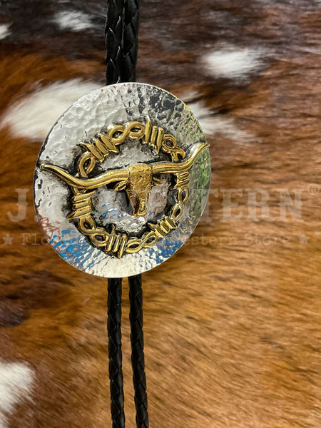 Fashionwest 2406 Long Horn Western Bolo Tie Gold And Silver close up. If you need any assistance with this item or the purchase of this item please call us at five six one seven four eight eight eight zero one Monday through Saturday 10:00a.m EST to 8:00 p.m EST
