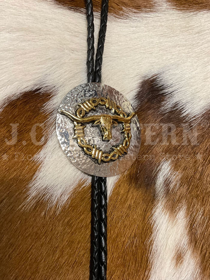 Fashionwest 2406 Long Horn Western Bolo Tie Gold And Silver close up. If you need any assistance with this item or the purchase of this item please call us at five six one seven four eight eight eight zero one Monday through Saturday 10:00a.m EST to 8:00 p.m EST