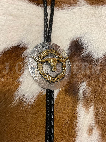 Fashionwest 2406 Long Horn Western Bolo Tie Gold And Silver front view. If you need any assistance with this item or the purchase of this item please call us at five six one seven four eight eight eight zero one Monday through Saturday 10:00a.m EST to 8:00 p.m EST