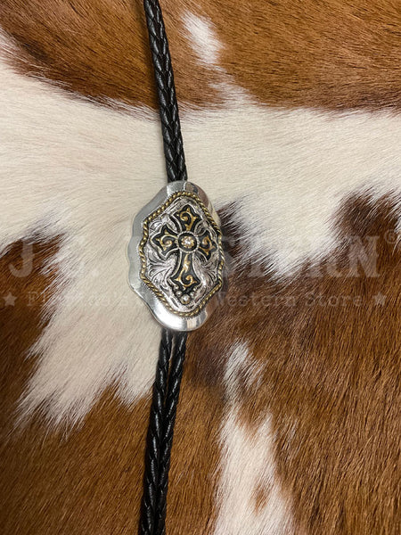 Fashionwest AC69G Cross On Shield Western Bolo Tie Gold And Silver front view. If you need any assistance with this item or the purchase of this item please call us at five six one seven four eight eight eight zero one Monday through Saturday 10:00a.m EST to 8:00 p.m EST