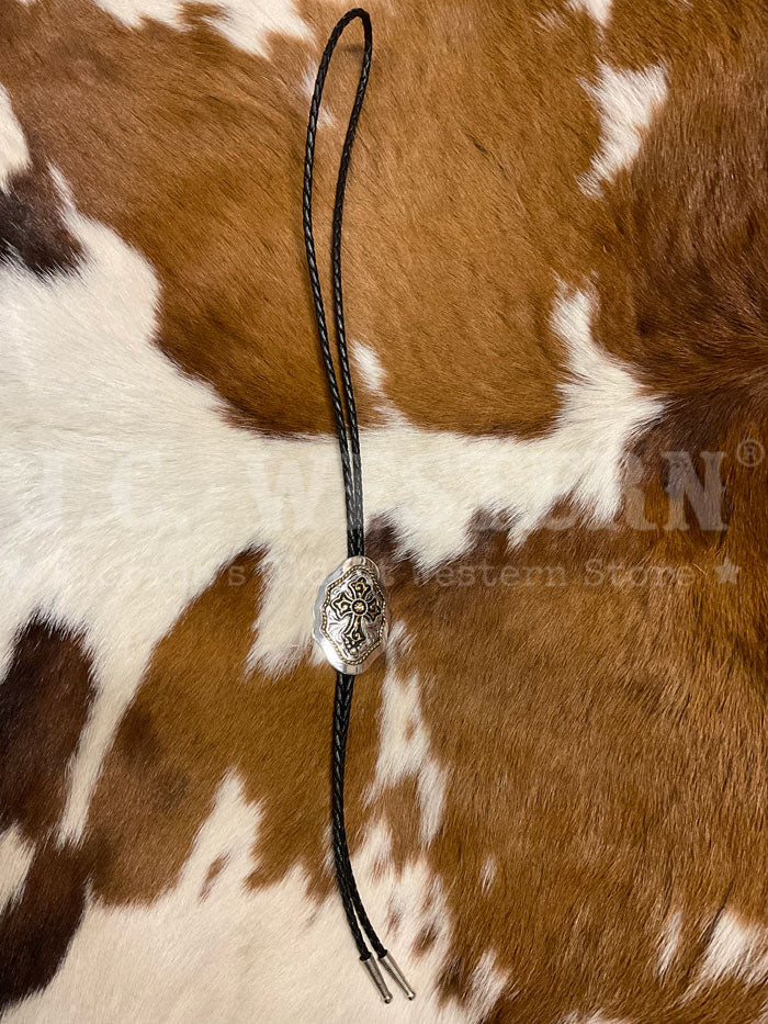 Fashionwest AC69G Cross On Shield Western Bolo Tie Gold And Silver close up. If you need any assistance with this item or the purchase of this item please call us at five six one seven four eight eight eight zero one Monday through Saturday 10:00a.m EST to 8:00 p.m EST