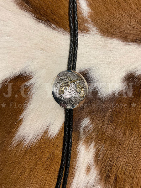 Fashionwest AC70G Crossed Pistols Western Bolo Tie Gold And Silver front view. If you need any assistance with this item or the purchase of this item please call us at five six one seven four eight eight eight zero one Monday through Saturday 10:00a.m EST to 8:00 p.m EST