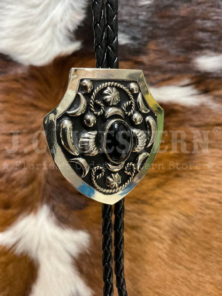 Fashionwest AC58B Small Oval Stone Western Bolo Tie Black close up. If you need any assistance with this item or the purchase of this item please call us at five six one seven four eight eight eight zero one Monday through Saturday 10:00a.m EST to 8:00 p.m EST