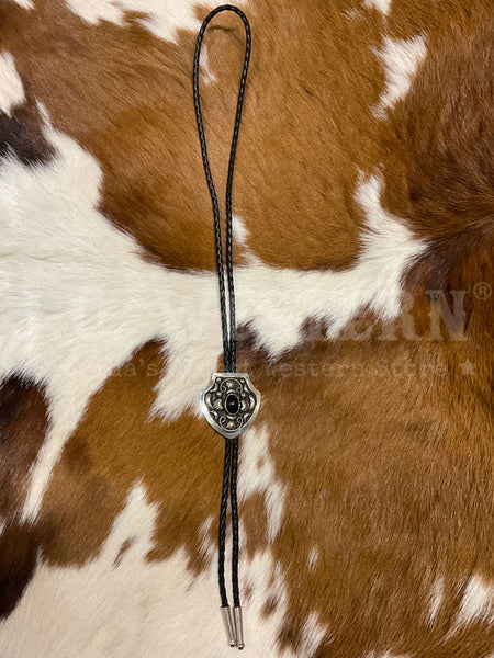 Fashionwest AC58B Small Oval Stone Western Bolo Tie Black front view. If you need any assistance with this item or the purchase of this item please call us at five six one seven four eight eight eight zero one Monday through Saturday 10:00a.m EST to 8:00 p.m EST