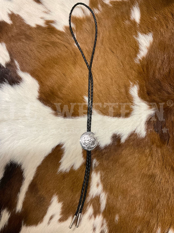 Fashionwest AC70 Round Western Bolo Tie Antique Silver close up. If you need any assistance with this item or the purchase of this item please call us at five six one seven four eight eight eight zero one Monday through Saturday 10:00a.m EST to 8:00 p.m EST