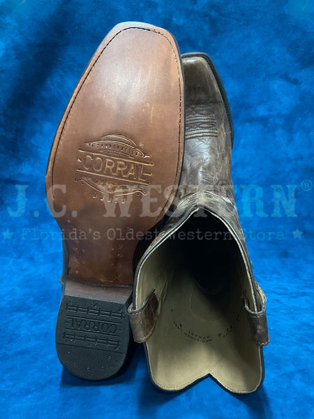 Corral A4546 Mens Embroidery Narrow Square Toe Boots Brown sole and toe view. If you need any assistance with this item or the purchase of this item please call us at five six one seven four eight eight eight zero one Monday through Saturday 10:00a.m EST to 8:00 p.m EST