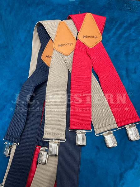 Nocona Mens 48" Elastic Fabric Western Suspenders in multiple colors. If you need any assistance with this item or the purchase of this item please call us at five six one seven four eight eight eight zero one Monday through Saturday 10:00a.m EST to 8:00 p.m EST