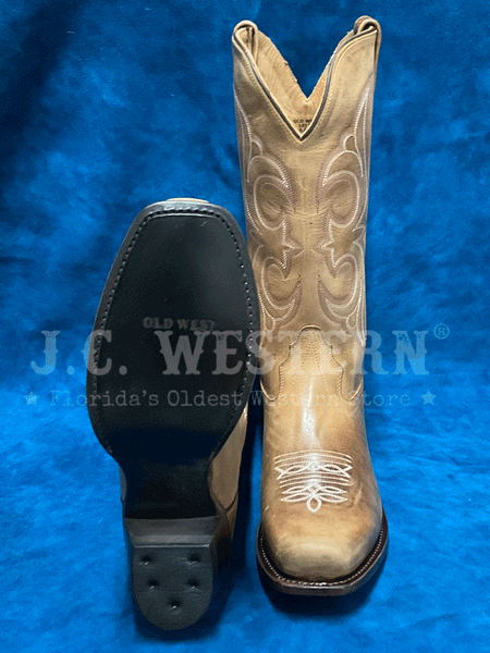 Old West 18138 Womens Square Toe Western Boot Tan front and sole view. If you need any assistance with this item or the purchase of this item please call us at five six one seven four eight eight eight zero one Monday through Saturday 10:00a.m EST to 8:00 p.m EST