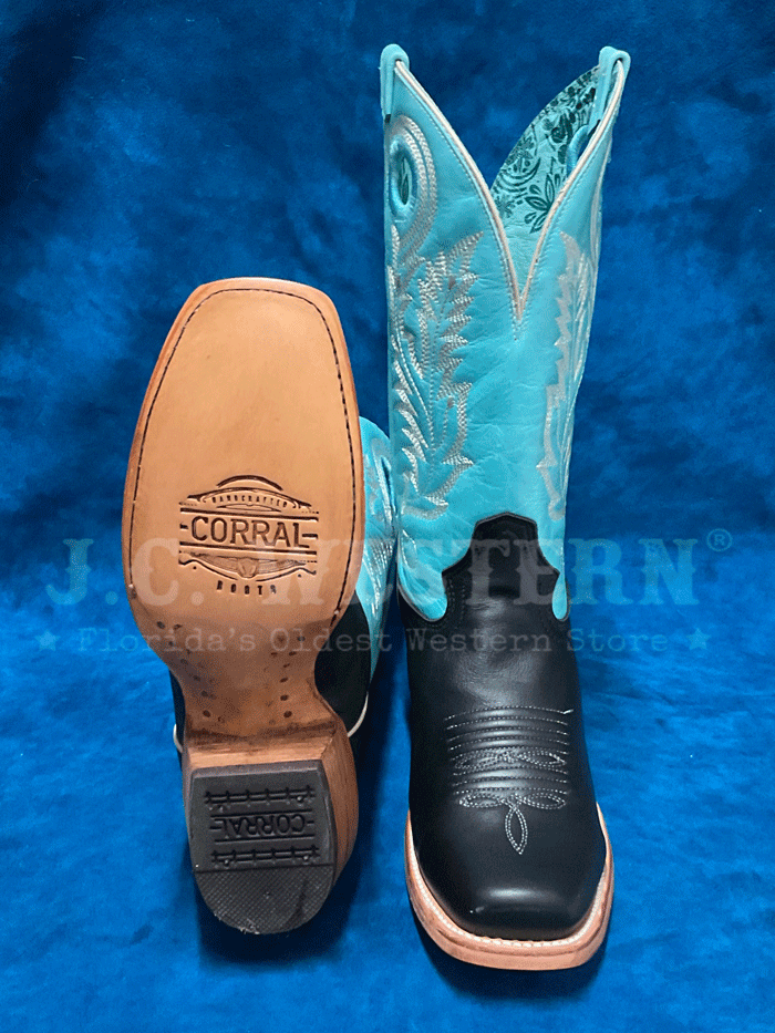 Corral A4458 Ladies Embroidery Pull Holes Square Toe Boot Black front and side view. If you need any assistance with this item or the purchase of this item please call us at five six one seven four eight eight eight zero one Monday through Saturday 10:00a.m EST to 8:00 p.m EST