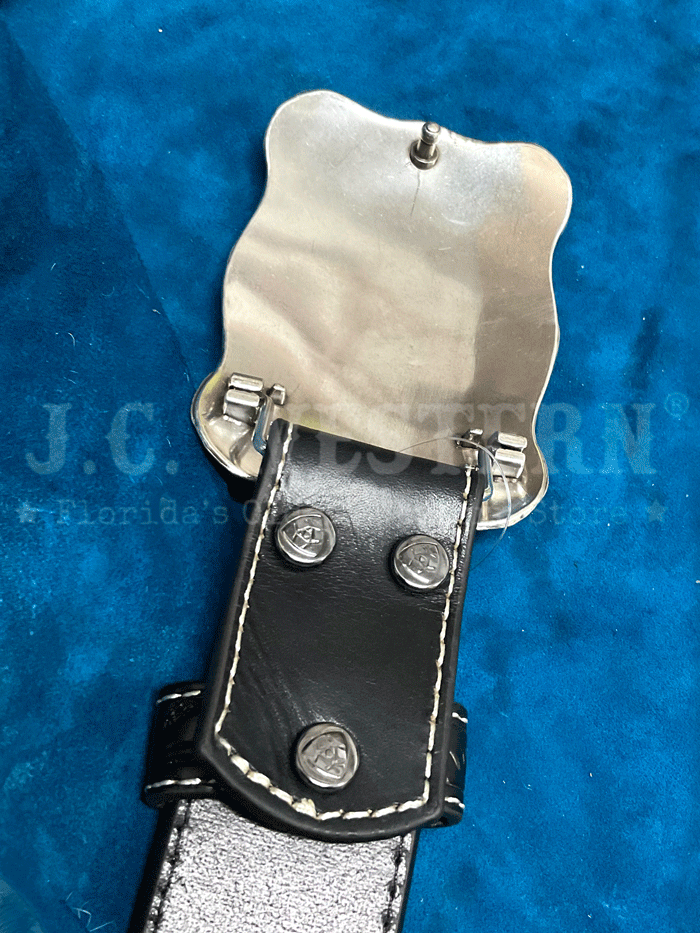 Ariat A1020401 Mens Leather Belt With Embossed Plate Buckle Black front view. If you need any assistance with this item or the purchase of this item please call us at five six one seven four eight eight eight zero one Monday through Saturday 10:00a.m EST to 8:00 p.m EST