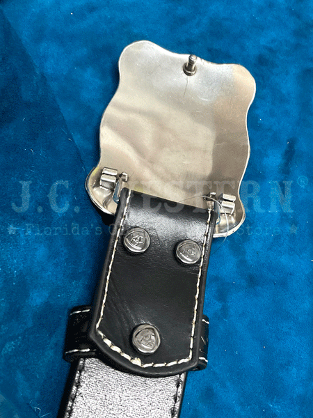 Ariat A1020401 Mens Leather Belt With Embossed Plate Buckle Black back view of buckle. If you need any assistance with this item or the purchase of this item please call us at five six one seven four eight eight eight zero one Monday through Saturday 10:00a.m EST to 8:00 p.m EST