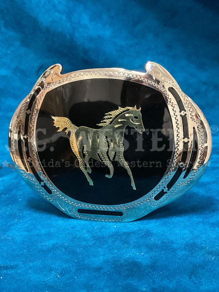 Colorado Silver Star 813-RSB Galloping Horse Oval Buckle Black front view. If you need any assistance with this item or the purchase of this item please call us at five six one seven four eight eight eight zero one Monday through Saturday 10:00a.m EST to 8:00 p.m EST