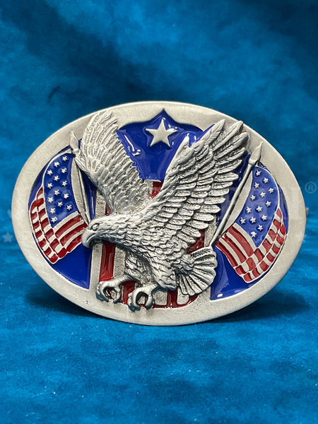 Colorado Silver Star 5-5990-E Eagle With Flags Buckle Silver front view. If you need any assistance with this item or the purchase of this item please call us at five six one seven four eight eight eight zero one Monday through Saturday 10:00a.m EST to 8:00 p.m EST