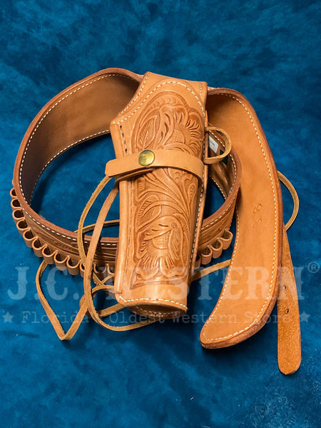 Western Express GB-38NAT Tooled Leather Single Holster Belt Natural close up. If you need any assistance with this item or the purchase of this item please call us at five six one seven four eight eight eight zero one Monday through Saturday 10:00a.m EST to 8:00 p.m EST