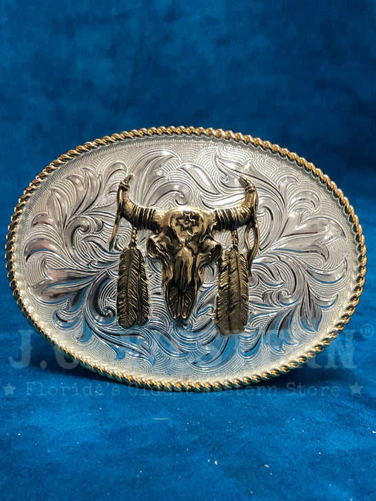 Montana Silversmiths 1256-447 Buffalo Skull With Feathers Western Buckle Silver front view. If you need any assistance with this item or the purchase of this item please call us at five six one seven four eight eight eight zero one Monday through Saturday 10:00a.m EST to 8:00 p.m EST