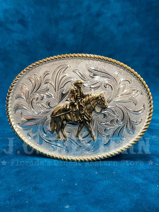 Montana Silversmiths 1256-33 Horse & Rider Western Buckle Silver front view. If you need any assistance with this item or the purchase of this item please call us at five six one seven four eight eight eight zero one Monday through Saturday 10:00a.m EST to 8:00 p.m EST