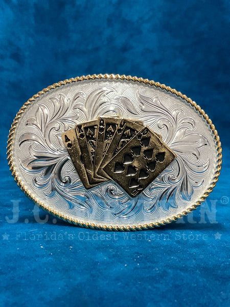 Montana Silversmiths 1256-705 Royal Flush Western Buckle Silver front view. If you need any assistance with this item or the purchase of this item please call us at five six one seven four eight eight eight zero one Monday through Saturday 10:00a.m EST to 8:00 p.m EST