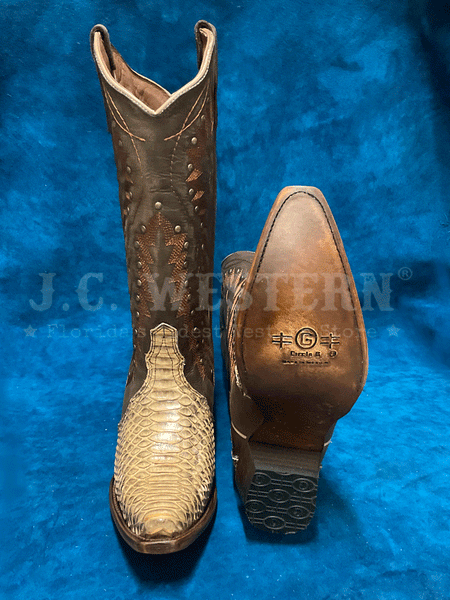 Circle G L6045 Ladies Python Embroidery And Studs Triad Boot Chocolate Brown full front and sole view. If you need any assistance with this item or the purchase of this item please call us at five six one seven four eight eight eight zero one Monday through Saturday 10:00a.m EST to 8:00 p.m EST