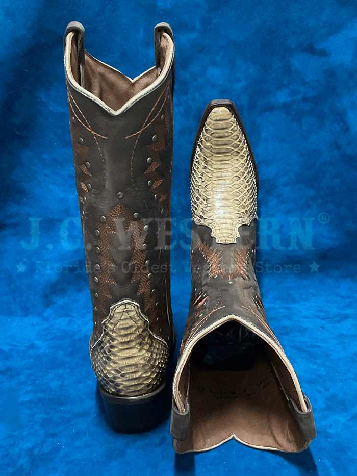 Circle G L6045 Ladies Python Embroidery And Studs Triad Boot Chocolate Brown front and side view. If you need any assistance with this item or the purchase of this item please call us at five six one seven four eight eight eight zero one Monday through Saturday 10:00a.m EST to 8:00 p.m EST