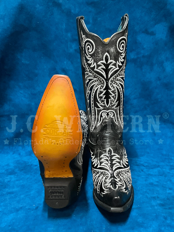 Corral Z5209 Ladies Embroidery And Studs Overlay Western Boot Black frotn and side view. If you need any assistance with this item or the purchase of this item please call us at five six one seven four eight eight eight zero one Monday through Saturday 10:00a.m EST to 8:00 p.m EST