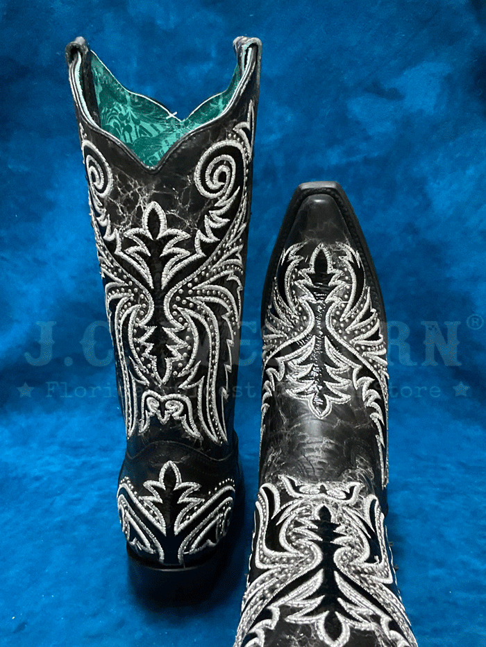 Corral Z5209 Ladies Embroidery And Studs Overlay Western Boot Black frotn and side view. If you need any assistance with this item or the purchase of this item please call us at five six one seven four eight eight eight zero one Monday through Saturday 10:00a.m EST to 8:00 p.m EST