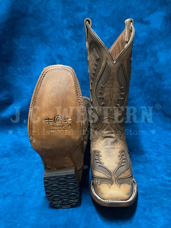 Circle G L6129 Ladies Embroidery Inlay Square Toe Boot Tan Chocolate front and sole view. If you need any assistance with this item or the purchase of this item please call us at five six one seven four eight eight eight zero one Monday through Saturday 10:00a.m EST to 8:00 p.m EST
