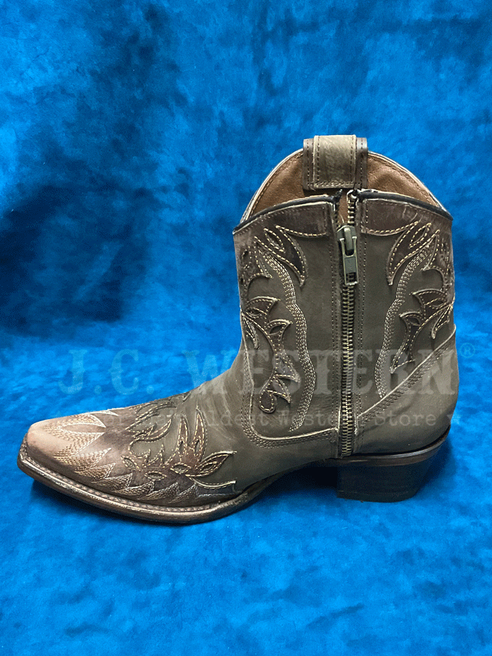 Circle G L6100 Ladies Embroidery Wing Tip Zipper Ankle Boot Bark front and side view. If you need any assistance with this item or the purchase of this item please call us at five six one seven four eight eight eight zero one Monday through Saturday 10:00a.m EST to 8:00 p.m EST