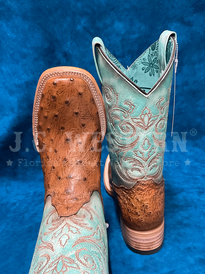 Corral B5006 Ladies Ostrich Embroidery Square Toe Western Boot Tan front and side view. If you need any assistance with this item or the purchase of this item please call us at five six one seven four eight eight eight zero one Monday through Saturday 10:00a.m EST to 8:00 p.m EST