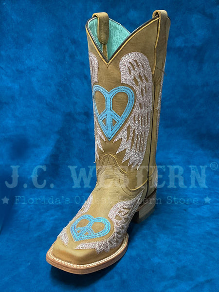 Corral T0145 Teen Glitter Heart And Wings Square Toe Boot Brown Tan side / front view. If you need any assistance with this item or the purchase of this item please call us at five six one seven four eight eight eight zero one Monday through Saturday 10:00a.m EST to 8:00 p.m EST